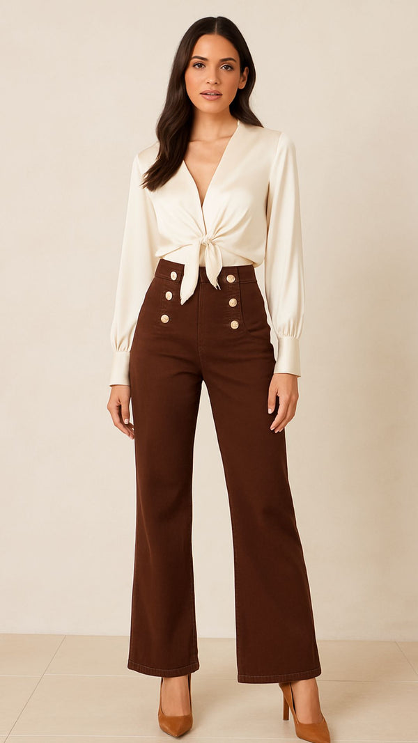 Billie - Gold Button Detail Brown Jean