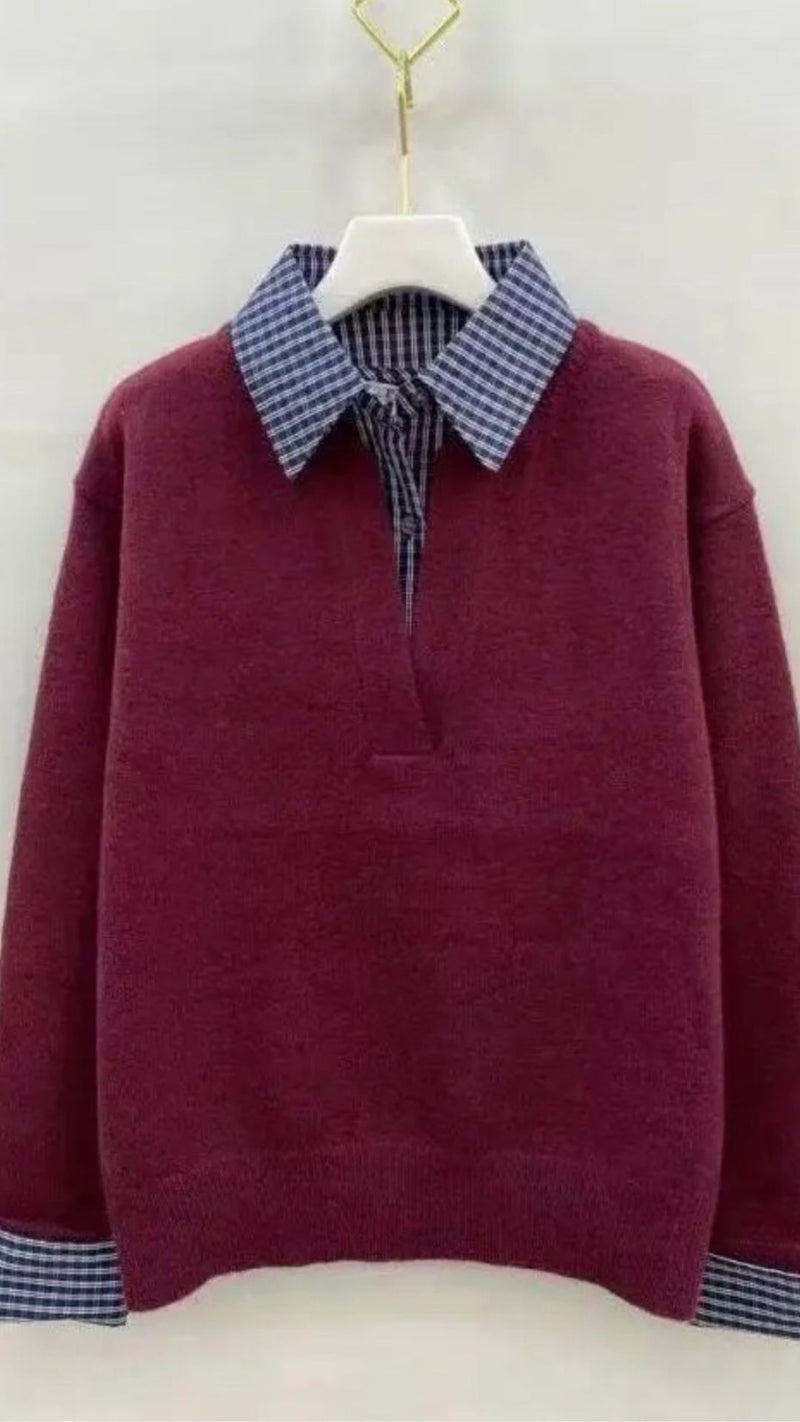 Aoife - Wine Two in One Gingham Shirt  Knit