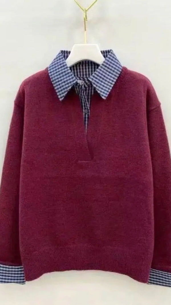 Aoife - Wine Two in One Gingham Shirt  Knit