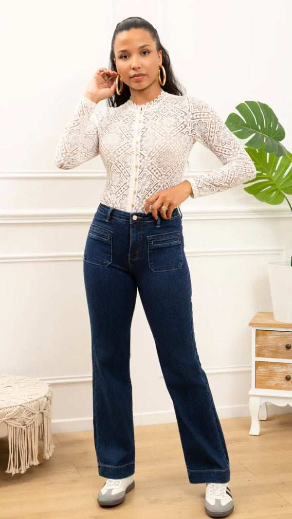 Sandra - Pocket Front Denim Wide Leg Jeans