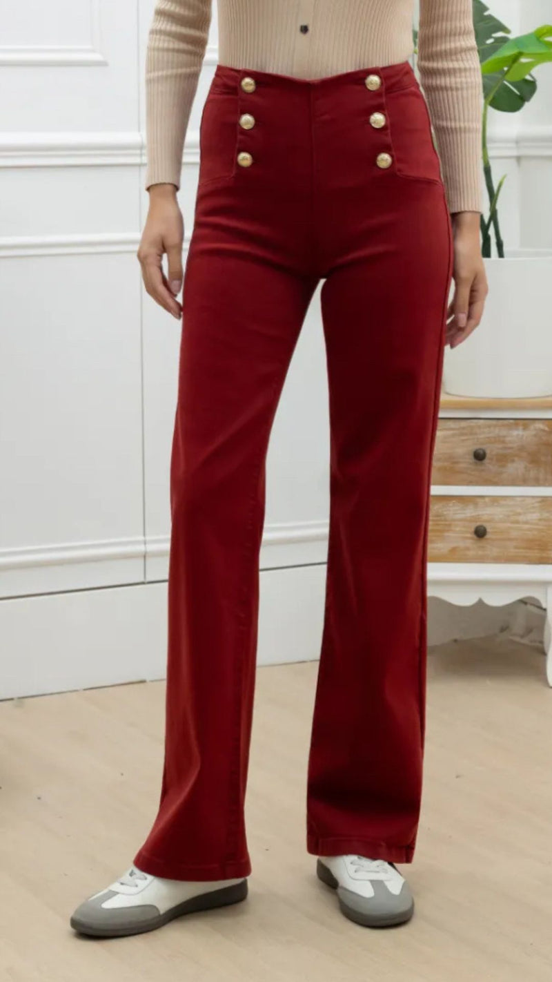 Billie - Burgundy Gold Button Detail Jean