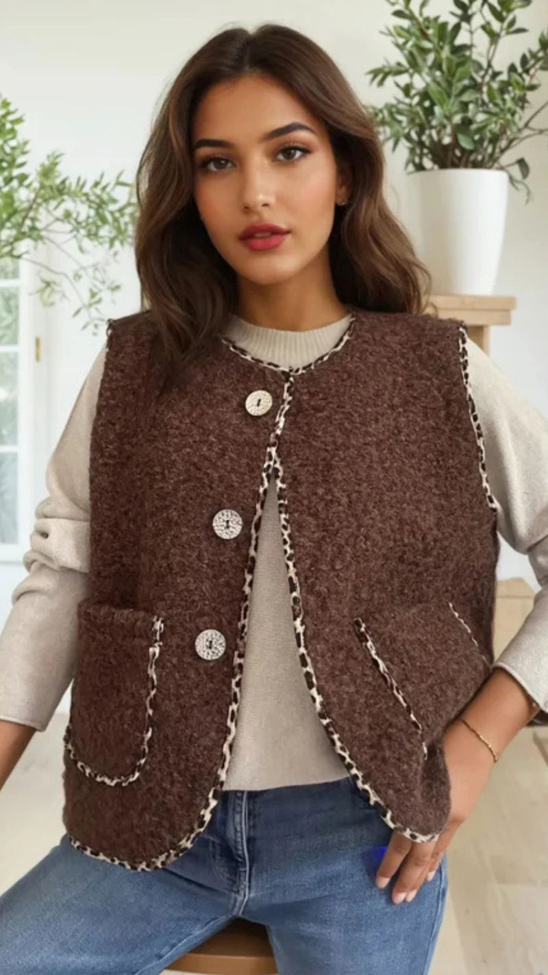 Milan - Brown Fuzzy Leopard Trim Waistcoat