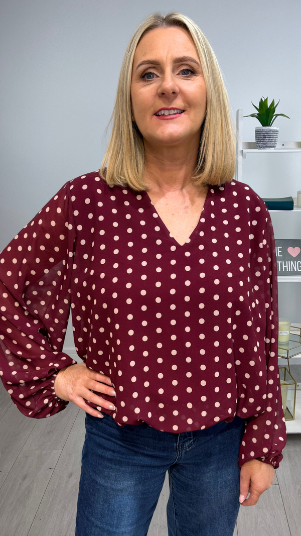 Naomi - Wine Polka Print Lined bubble Hem top