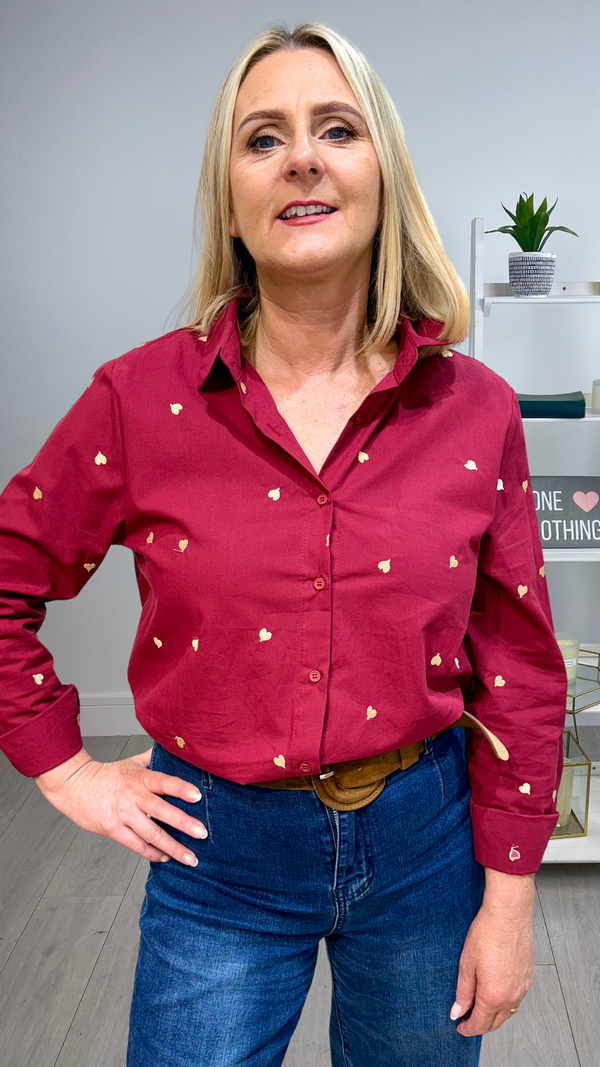 Josie - Wine Embroidery Heart Cotton Shirt