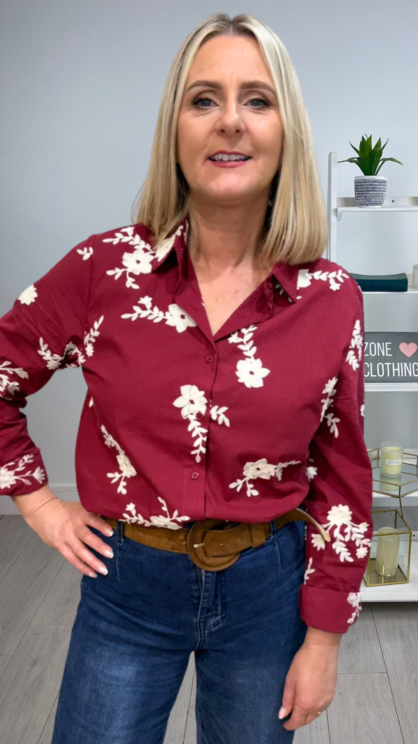 Jessie - Wine Embroidery Cotton Shirt