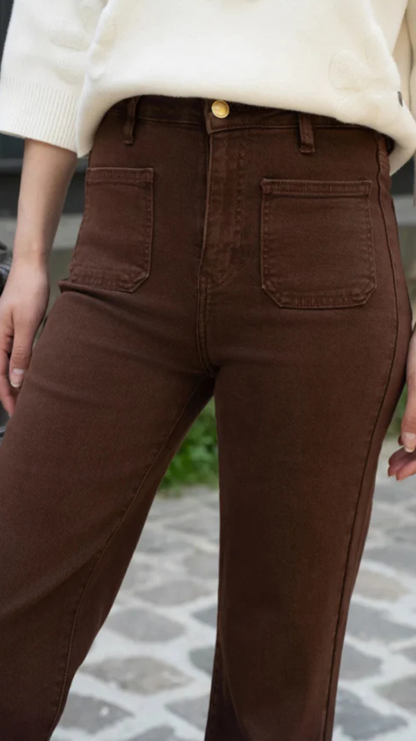 Flora - Chocolate Double Pocket Front Straight Leg Denims