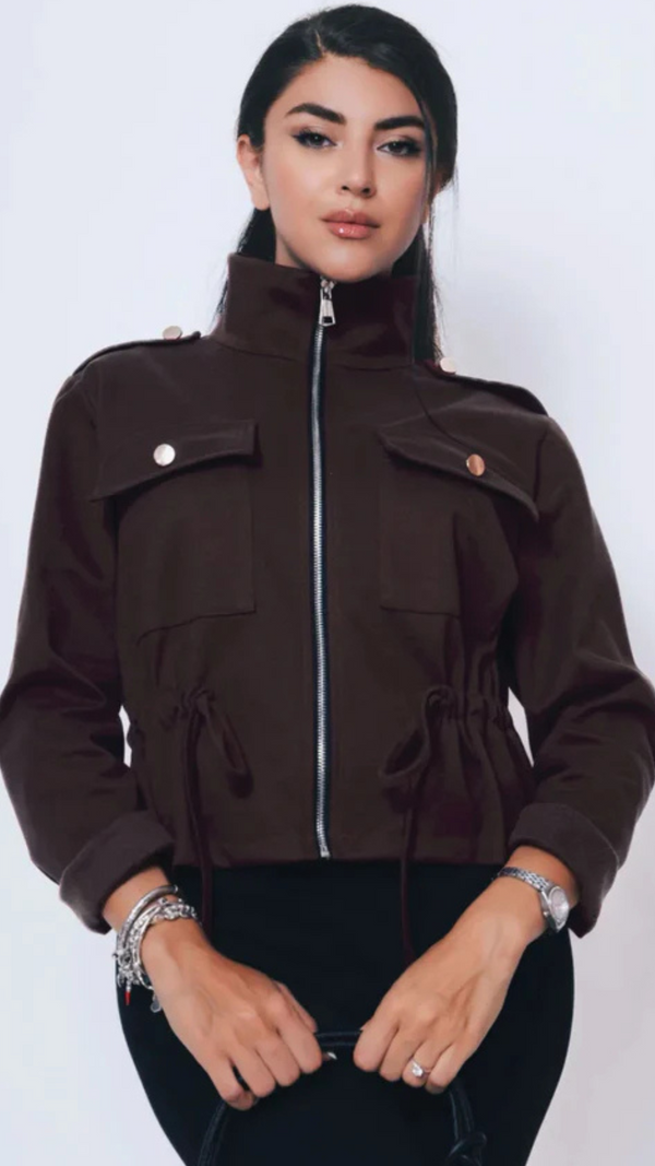 Tanya - Brown Pocket Lightweight Funnel Neck Jacket