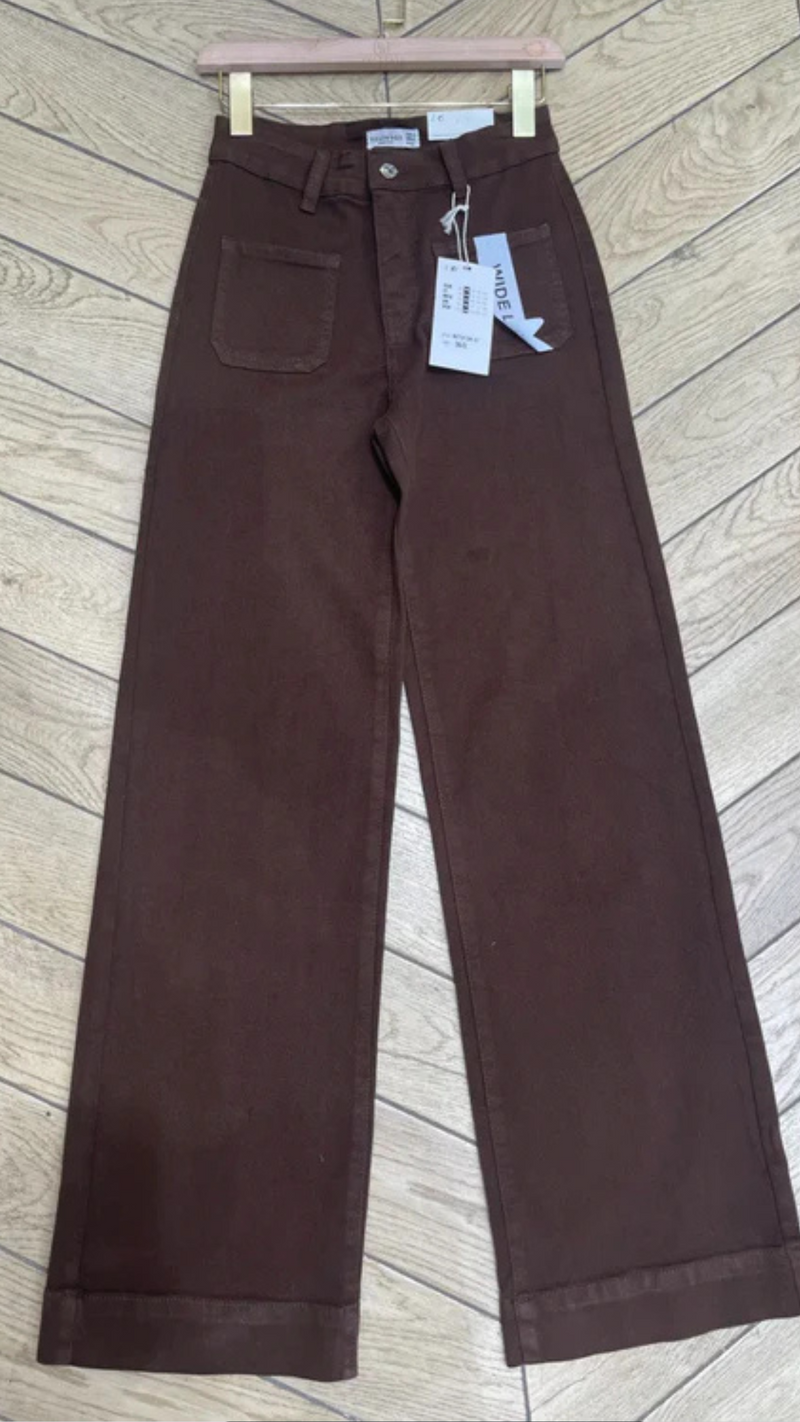 Maya - Chocolate Double Pocket Front Wide Leg Denims