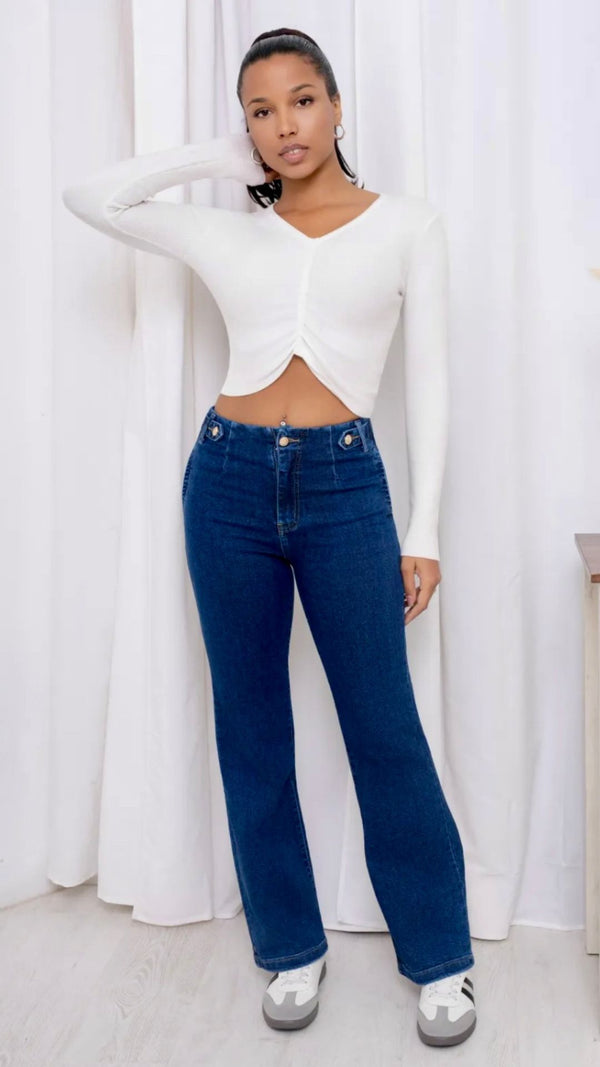 Gina - Blue Denim Stretch Button Tab Denims