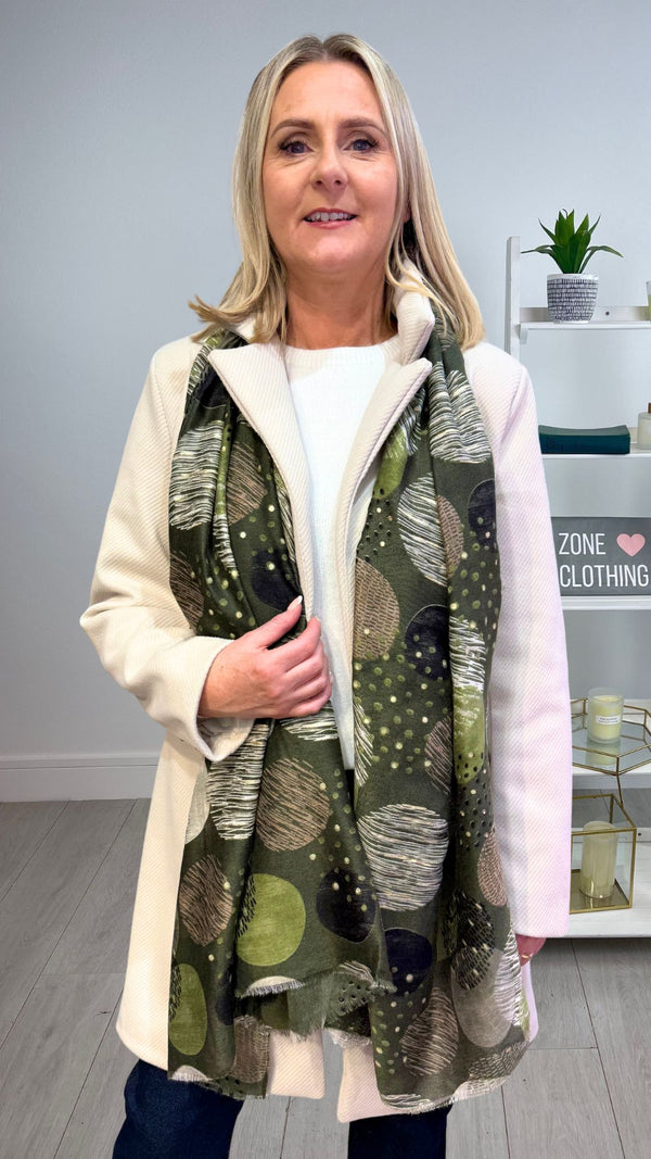 Evie - Green/Beige Circle Print Lightweight Scarf