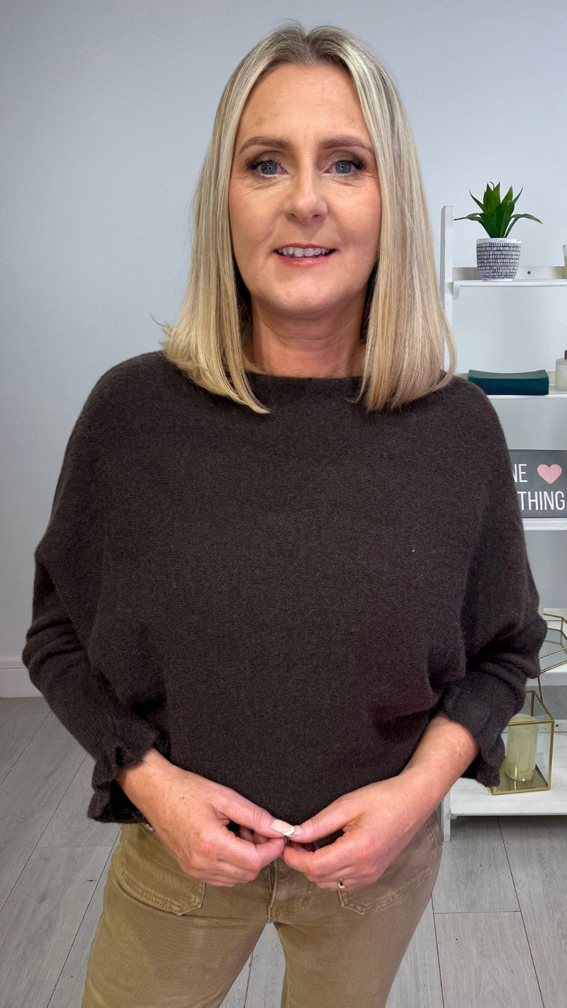 Anne -  Frill Sleeve Soft Stretch Jumper Brown