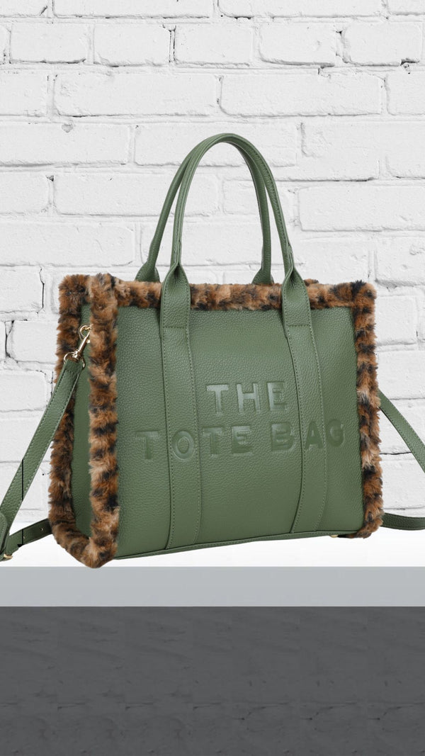 Sofia - Fur Leopard Tote Bag Khaki