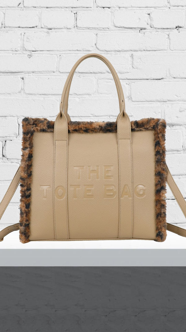 Sofia - Fur Leopard Tote Bag Beige