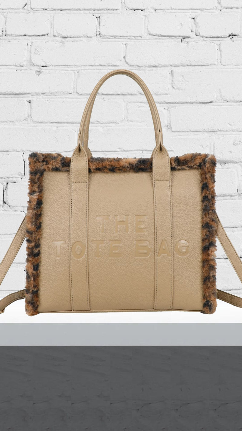 Sofia - Fur Leopard Tote Bag Beige