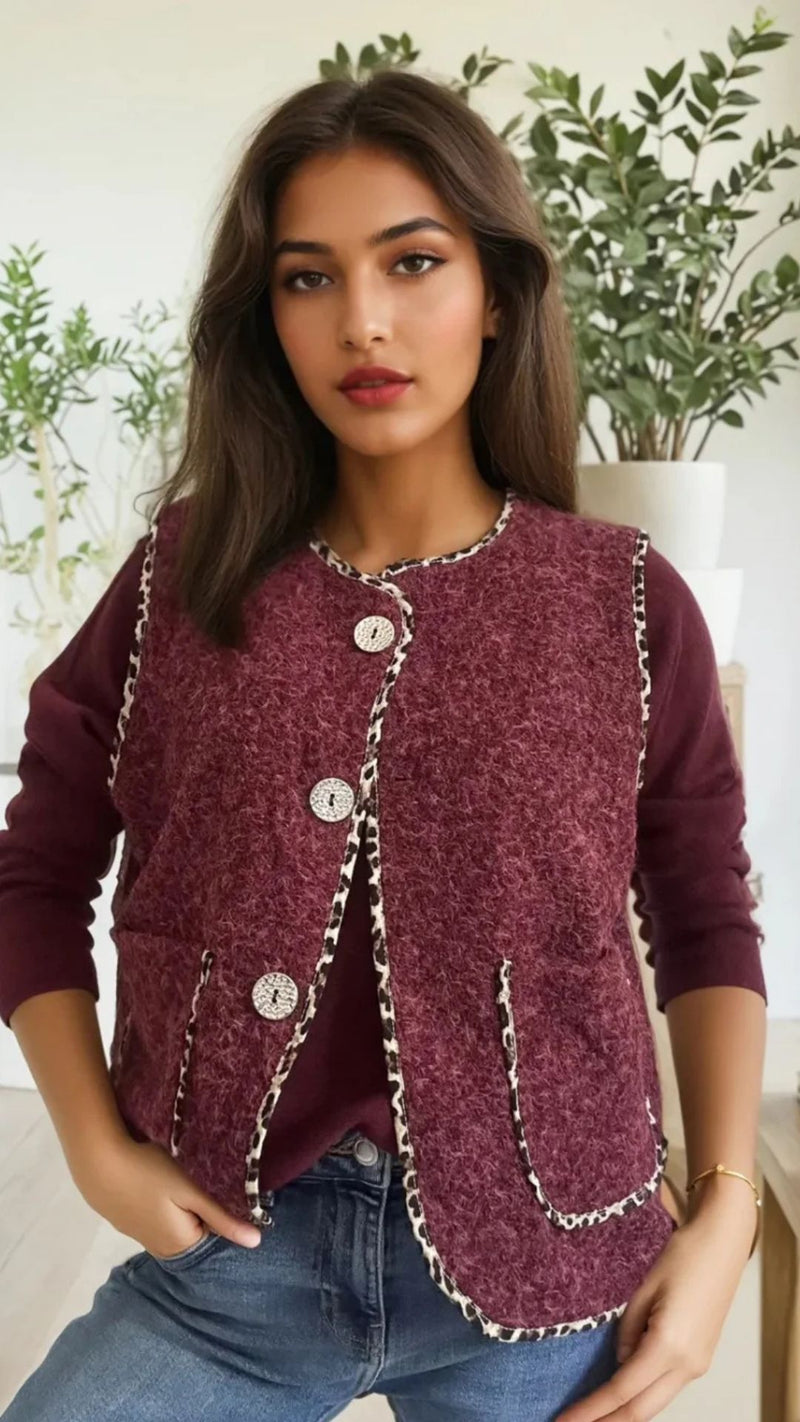 Milan - Wine Fuzzy Leopard Trim Waistcoat
