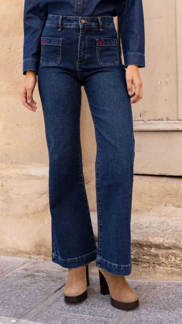 Ella - Blue Stretch Wine  Embroidery Detail Denims