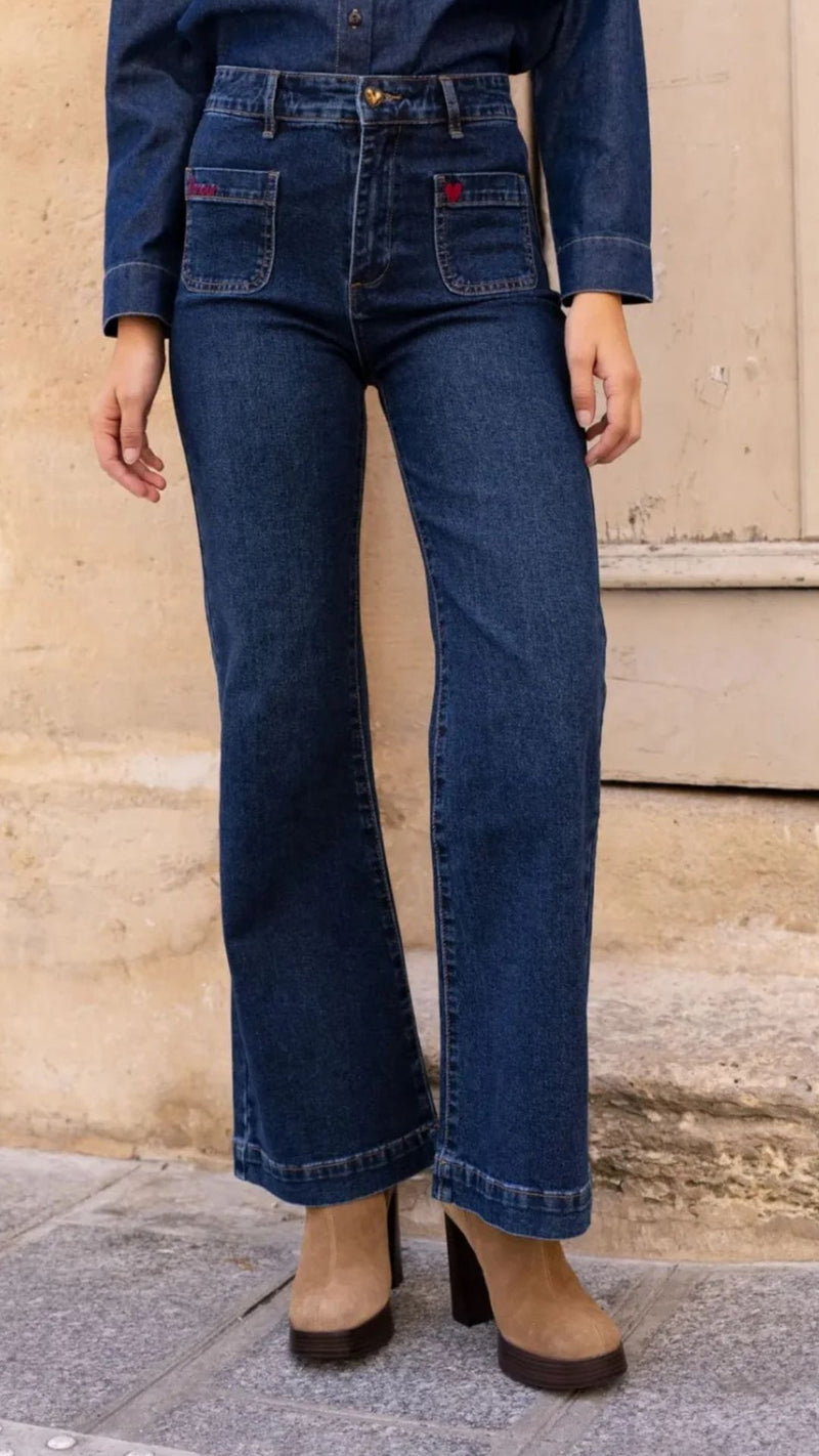 Ella - Blue Stretch Wine  Embroidery Detail Denims