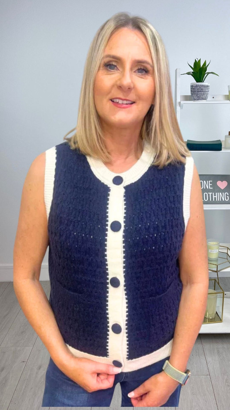 Olivia - Blue/Cream Button Knit Waistcoat