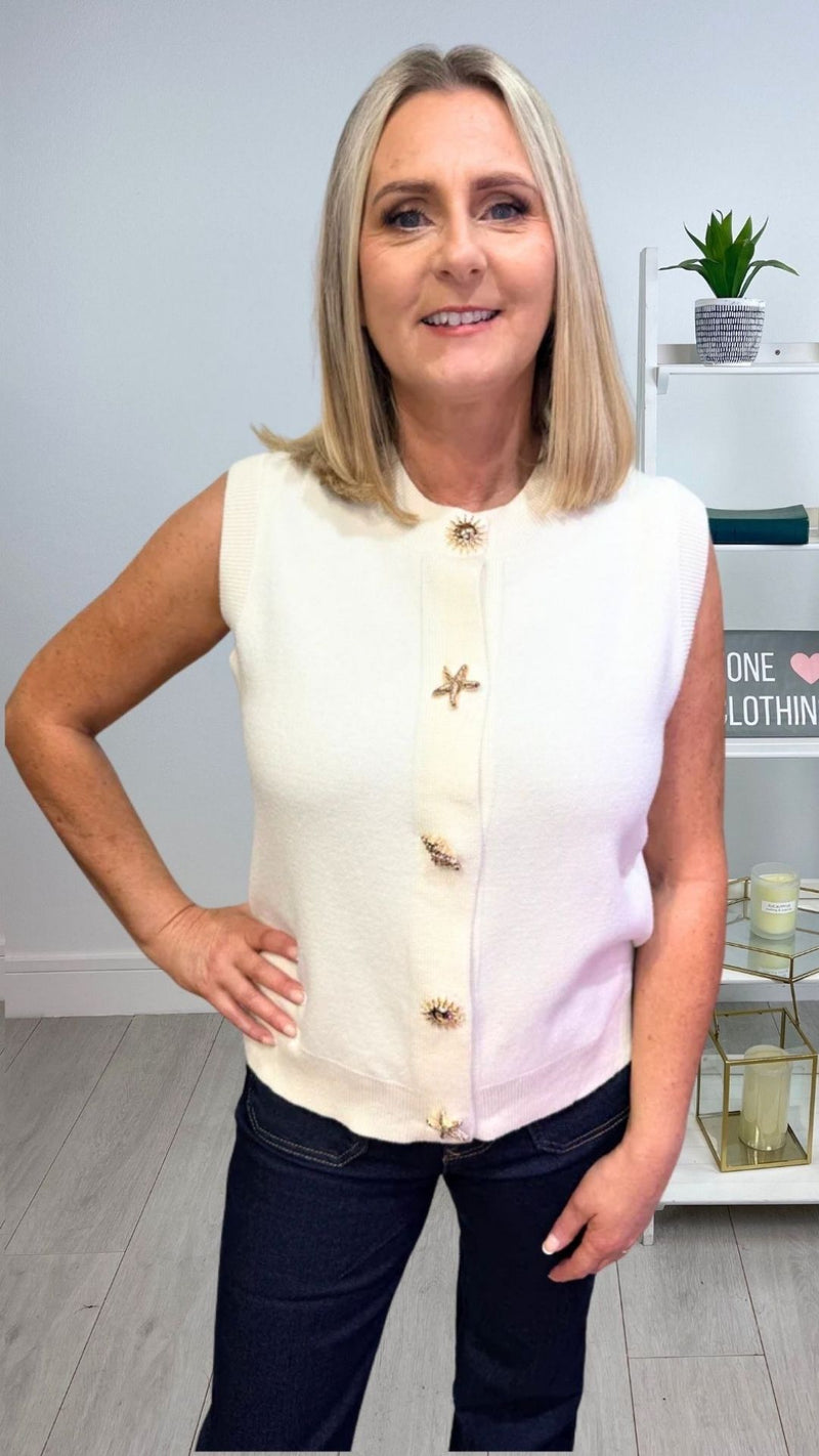 Meg - Cream Mixed Gold Button Sleeveless Knit