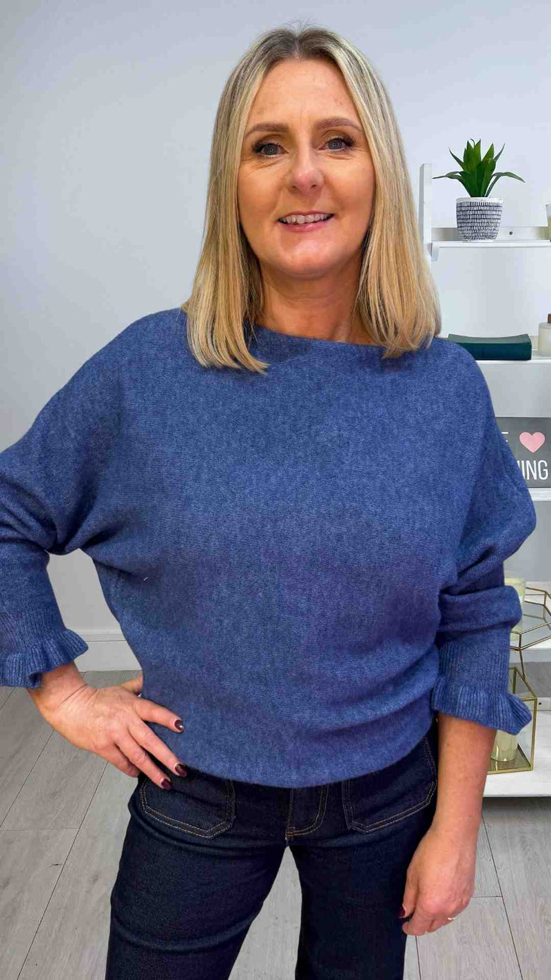 Anne -  Frill Sleeve Soft Stretch Jumper Denim Blue