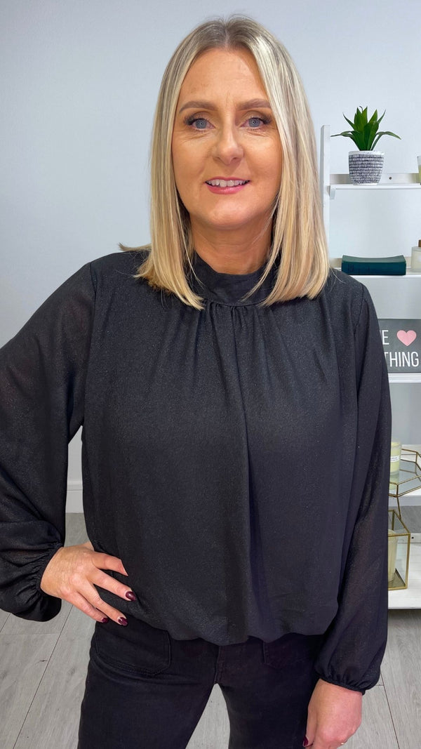 Annie - black Shimmer Effect High Neck Blouse