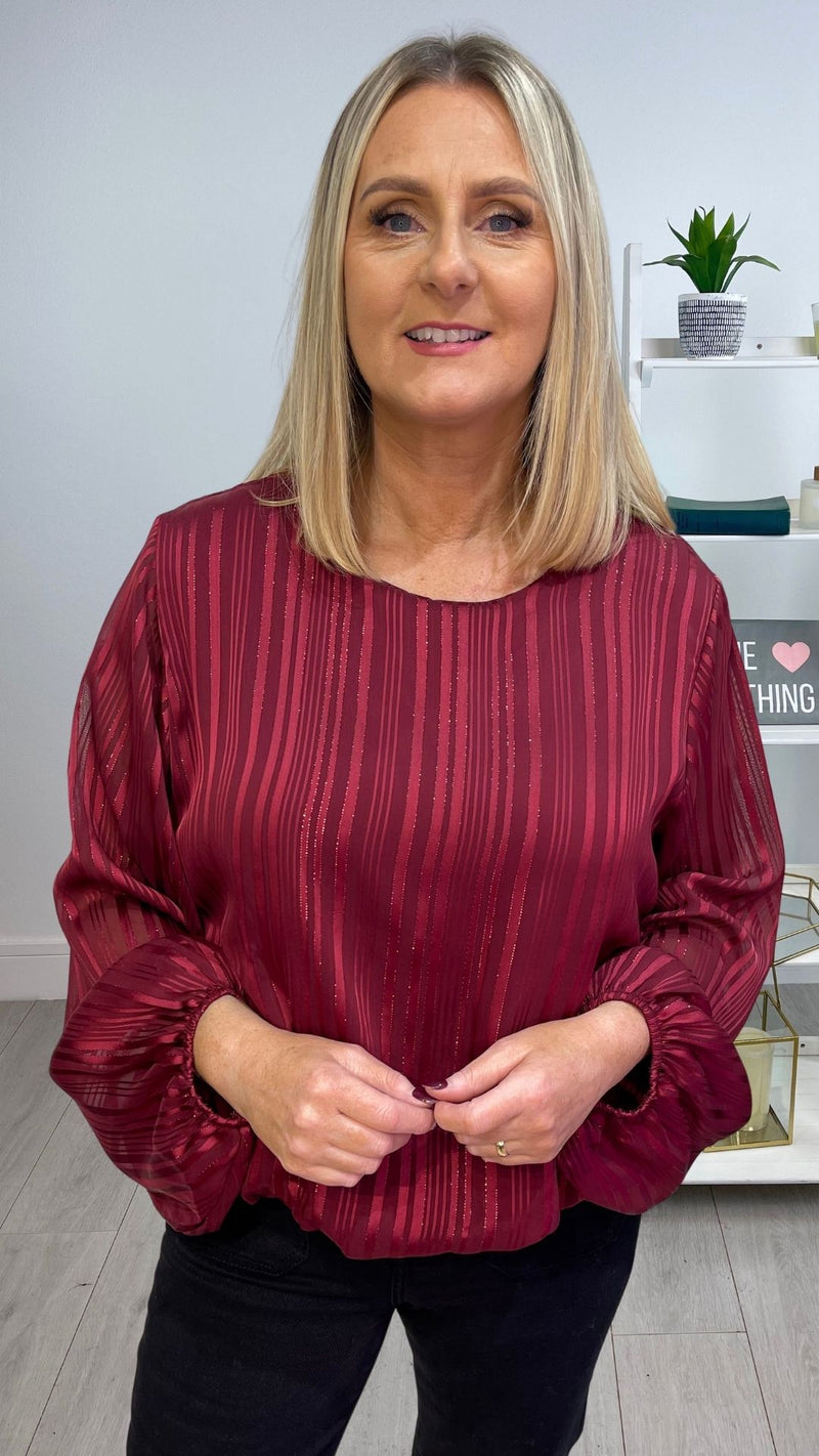 Nellie -  Wine Lurex Thread Stripe Round Neck Blouse