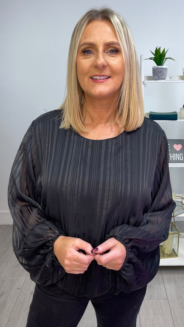 Nellie - Black Lurex Thread Stripe Round Neck Blouse