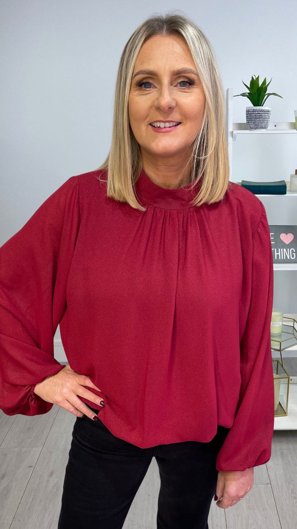 Annie - Wine Shimmer Effect High Neck Blouse