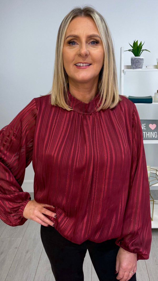 Hollie -  Wine Lurex Thread Striped High Neck Blouse