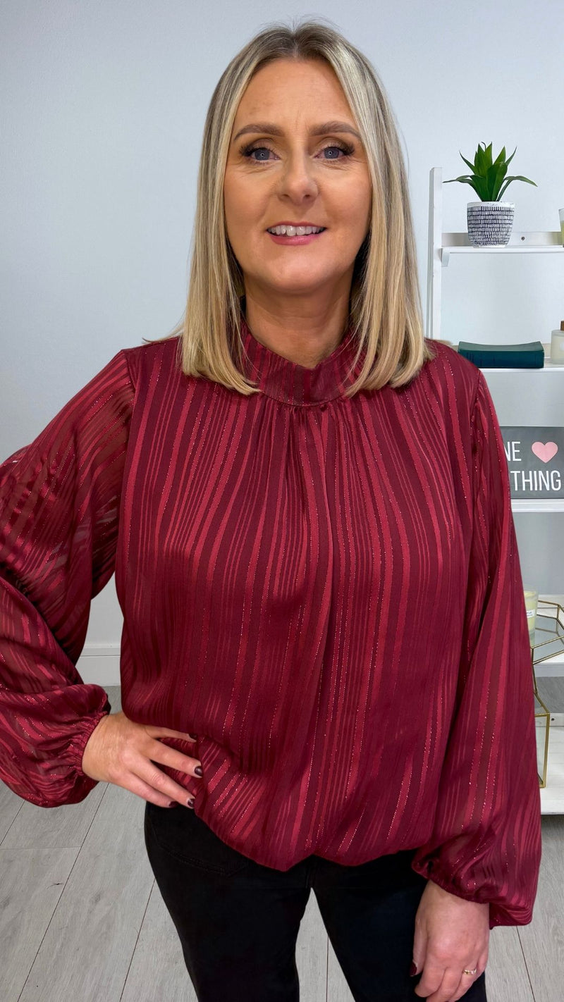 Hollie -  Wine Lurex Thread Striped High Neck Blouse