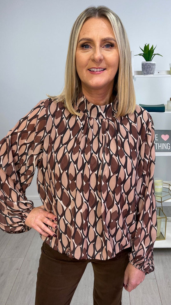 Jodie - Taupe/Brown Leaf Print High Neck Top