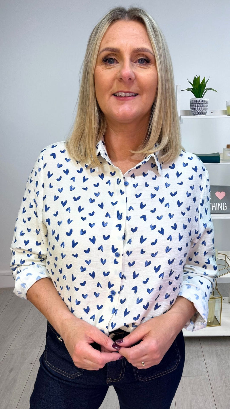 Vicki - blue/cream heart print shirt