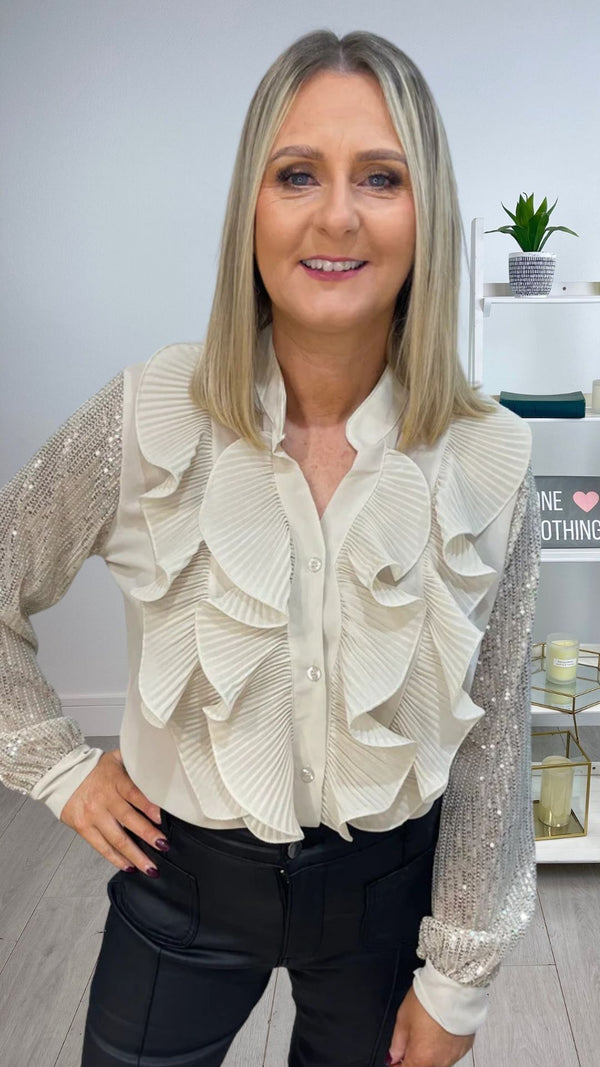Olivia - Beige Ruffle Sequin Sleeve Blouse