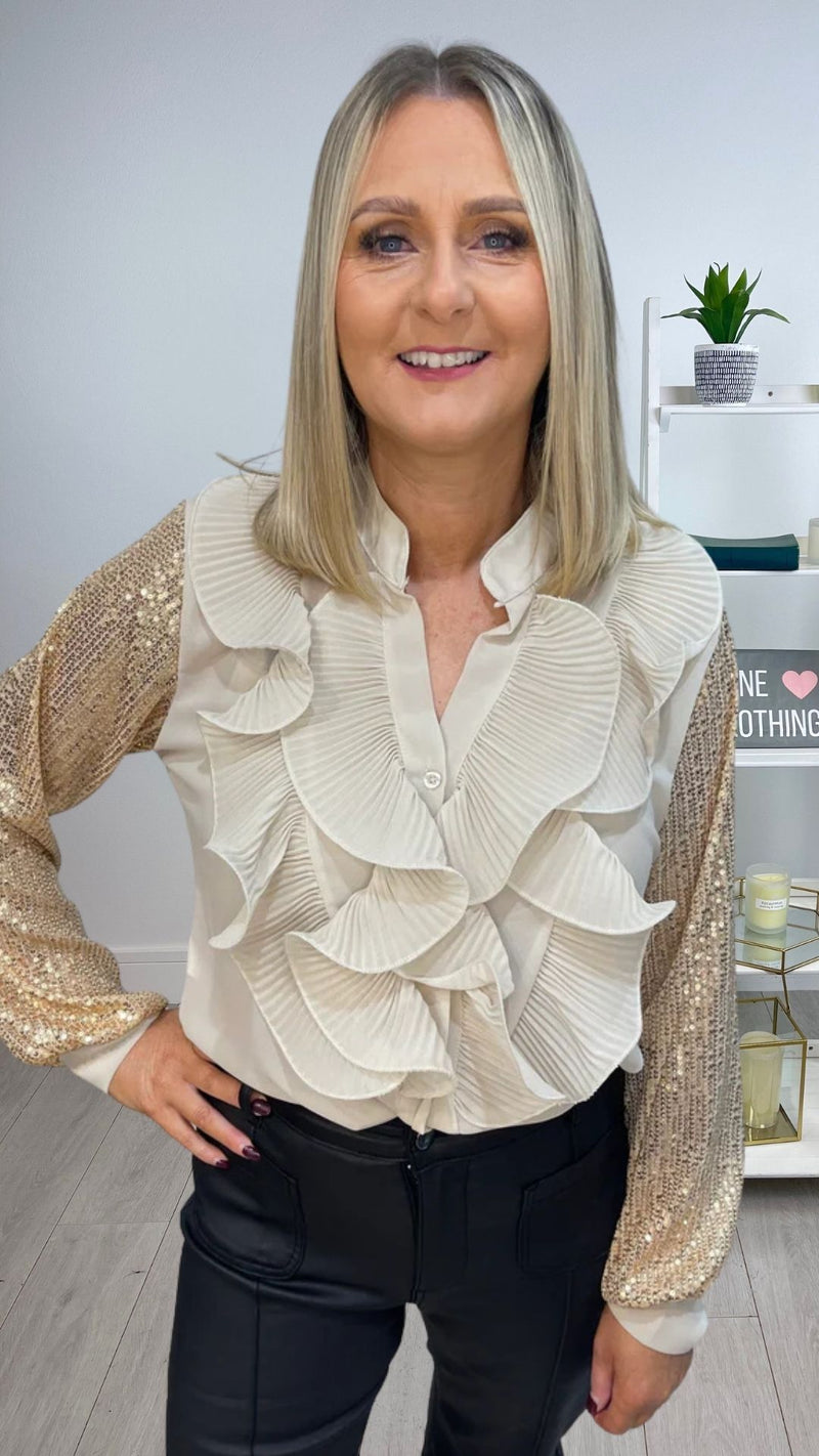 Olivia - Gold Ruffle Sequin Sleeve Blouse