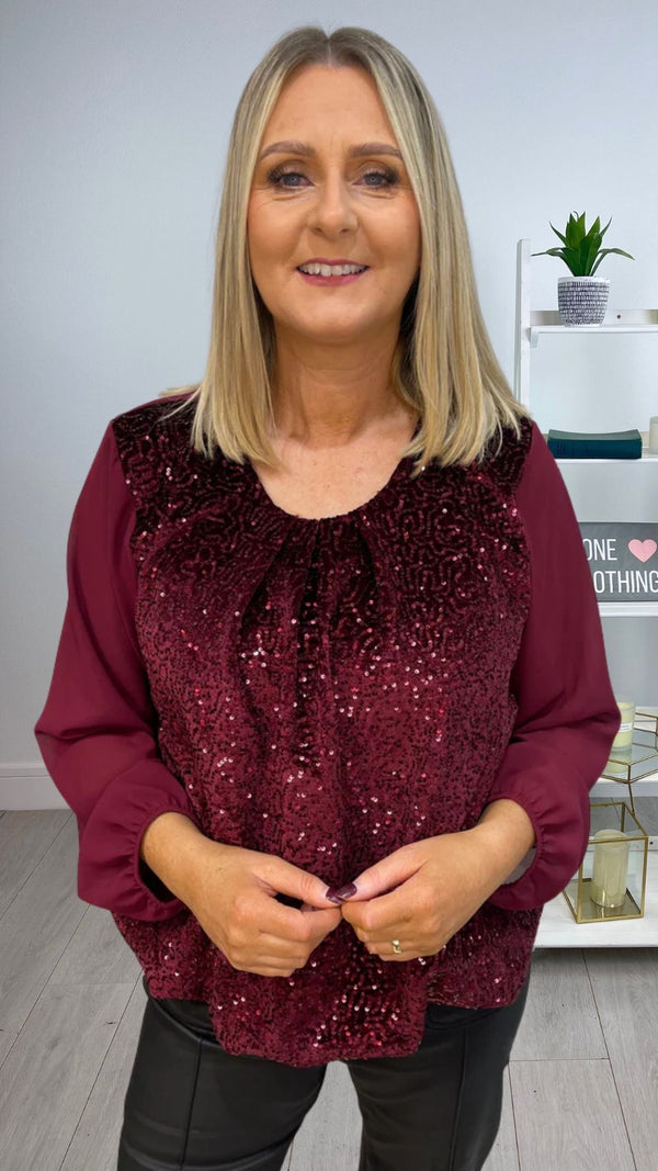 Vicky - Wine Sequin lined bubble hem Top