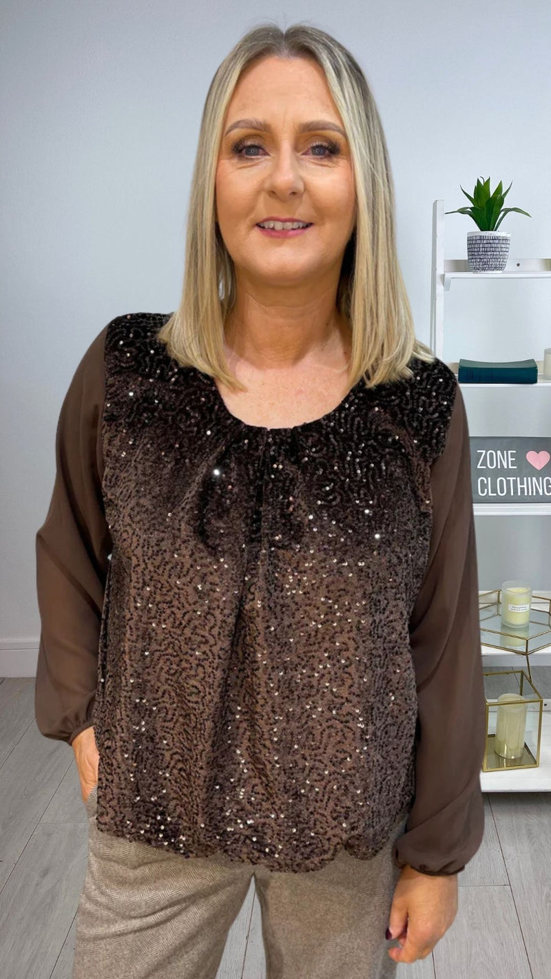 Vicky - Brown Sequin lined bubble hem Top