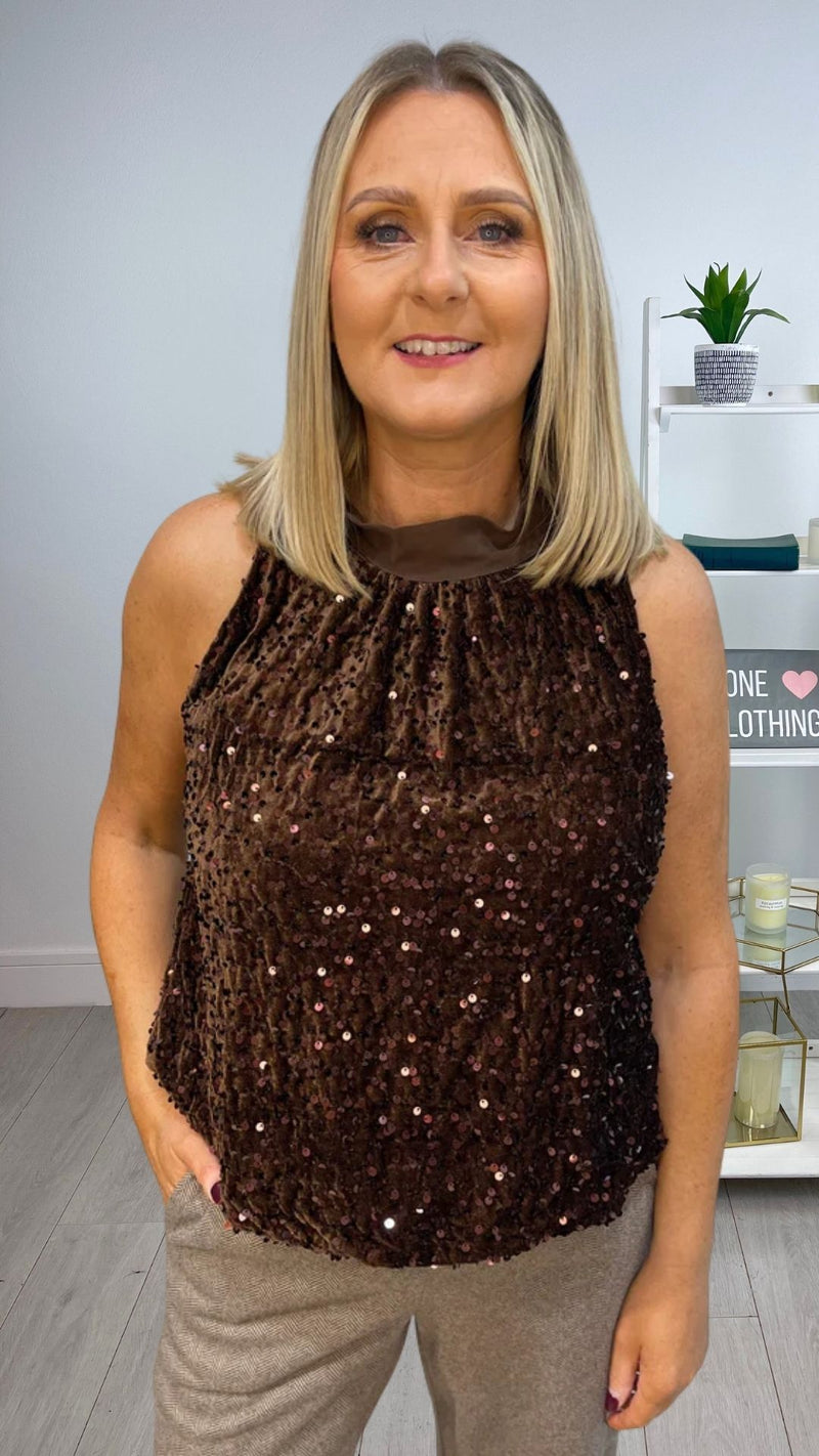 Ava - brown Sequin Lined Halter Top