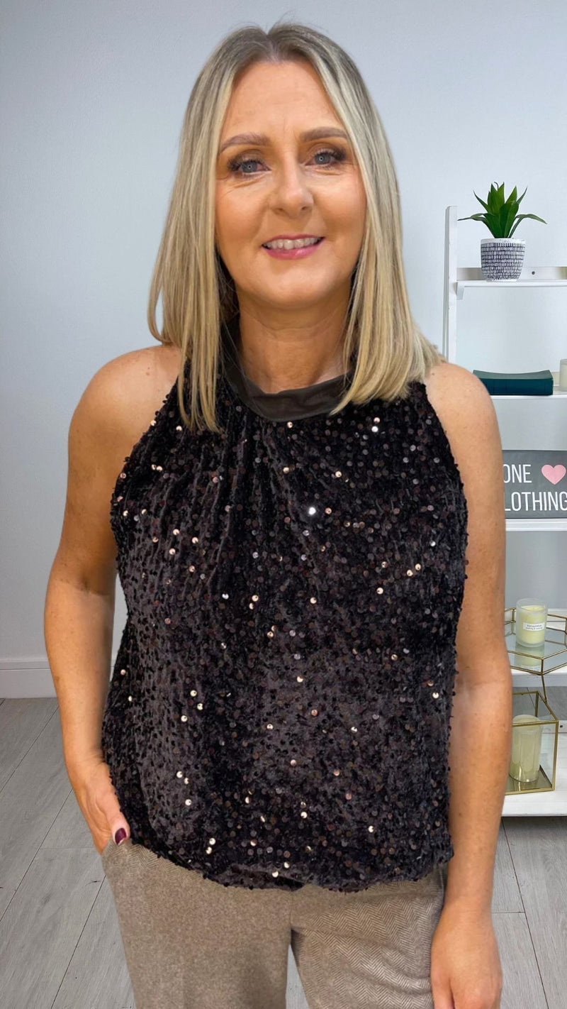 Ava - dark brown Sequin Lined Halter Top