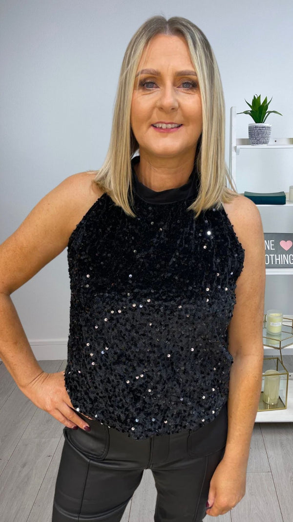Ava - black Sequin Lined Halter Top