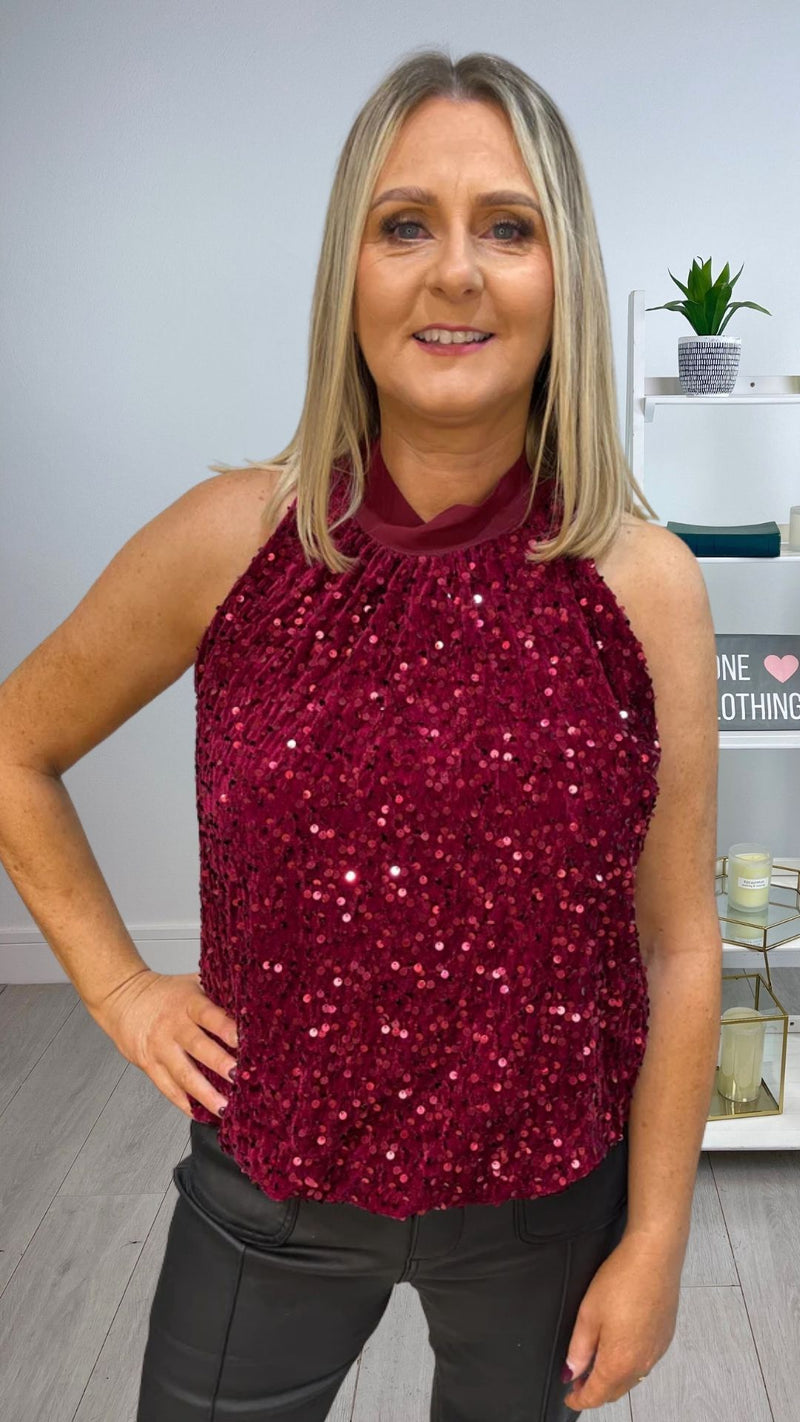 Ava - wine Sequin Lined Halter Top