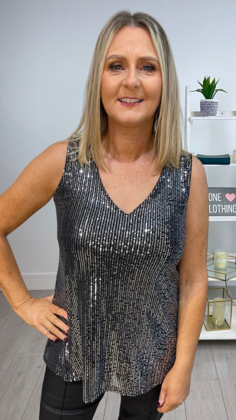Sienna - Black/Silver Sequin Lined Sleeveless Top