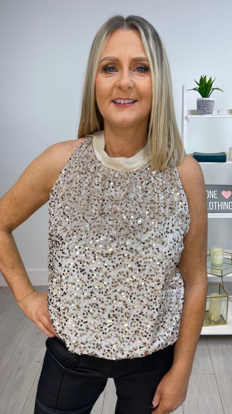 Ava - Champagne Sequin Lined Halter Top