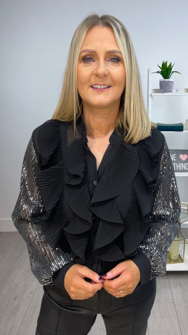 Olivia - Black/Silver Ruffle Sequin Sleeve Blouse