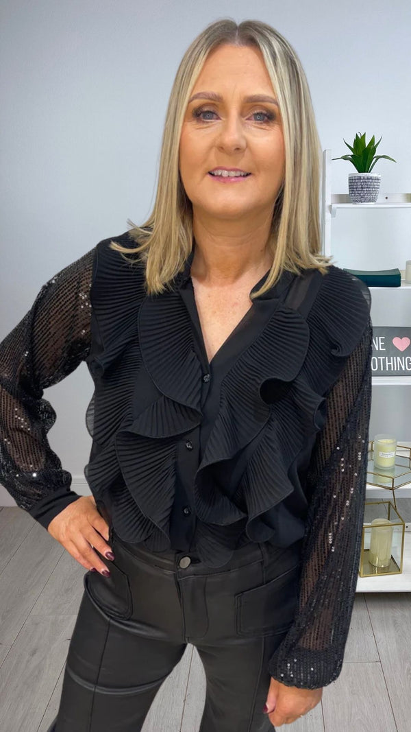 Olivia - Black Ruffle Sequin Sleeve Blouse