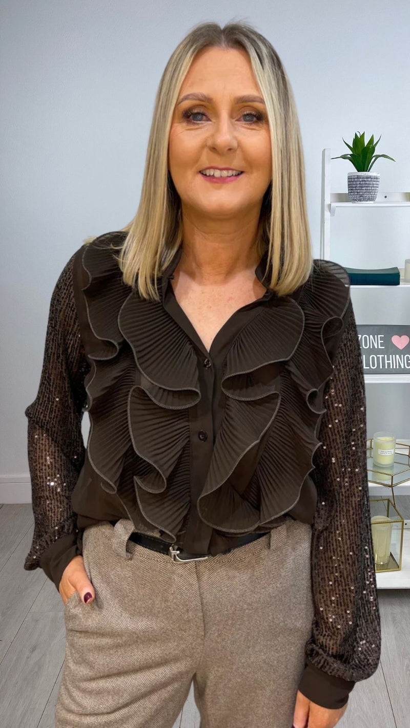 Olivia - Brown Ruffle Sequin Sleeve Blouse