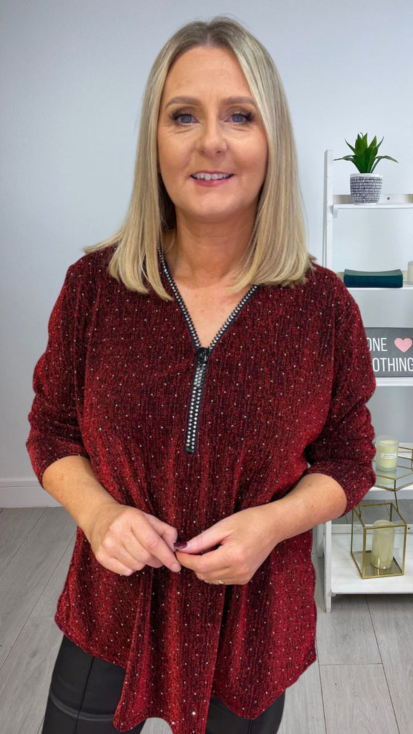 Kay - Red/Black Shimmer Stud Diamond Zip Batwing Top