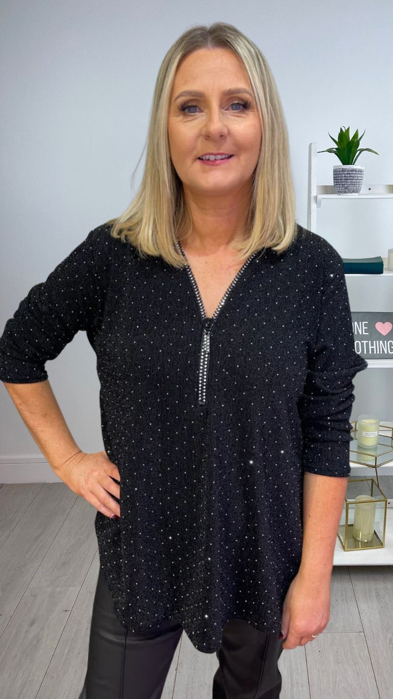 Kay - Black Shimmer Stud Diamond Zip Batwing Top