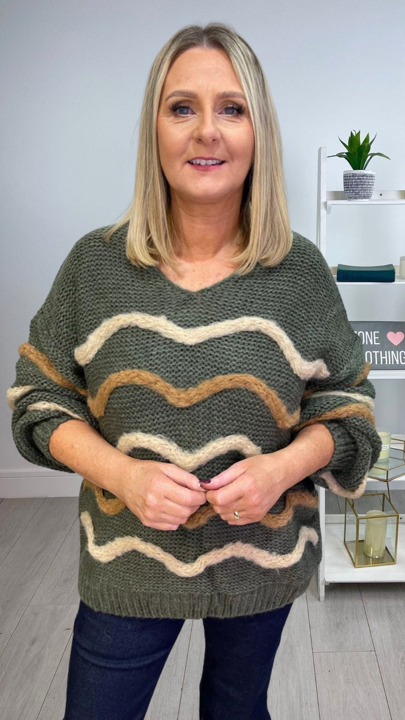 Mia - Khaki Wave Textured Soft Knit