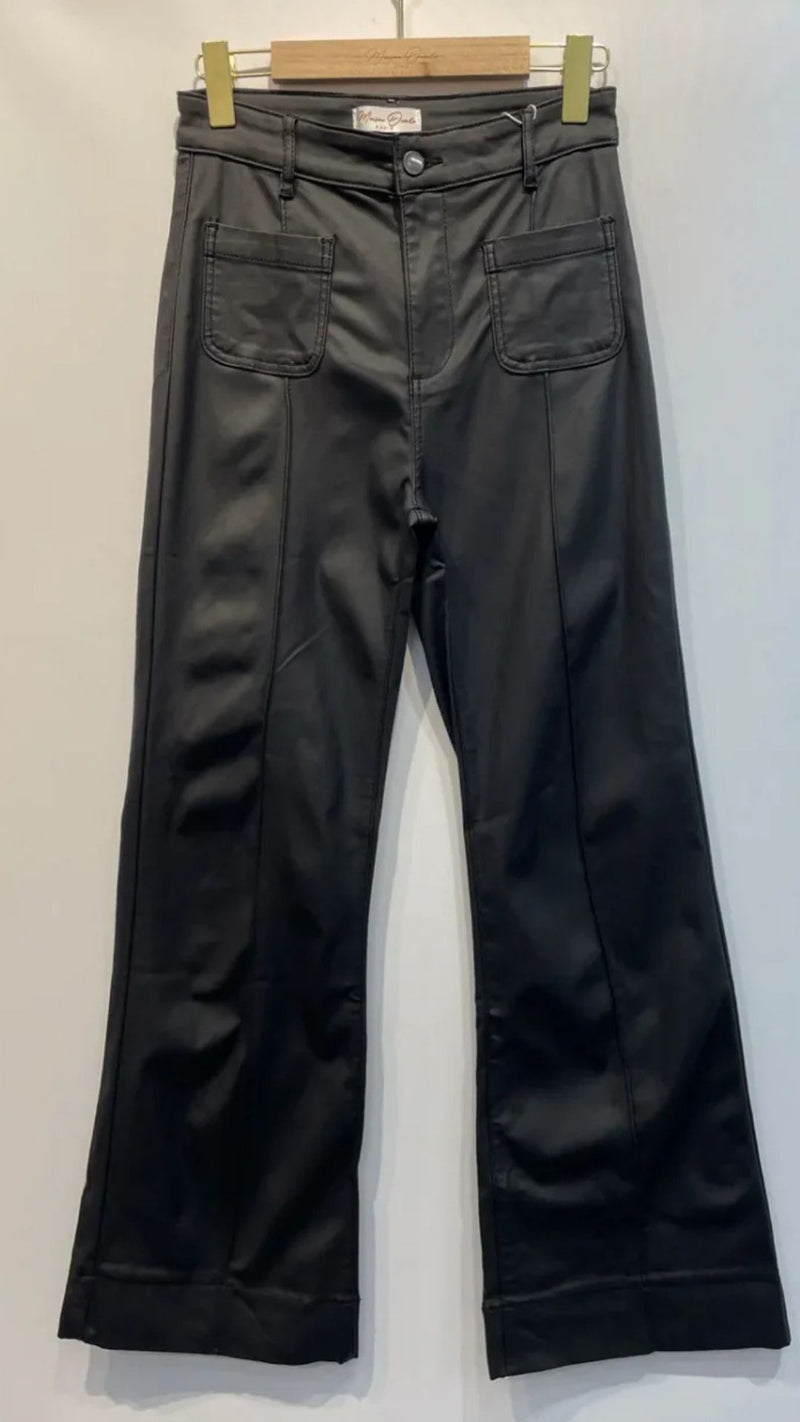 Emily - Black Faux Leather Pocket Wide Leg Jeans
