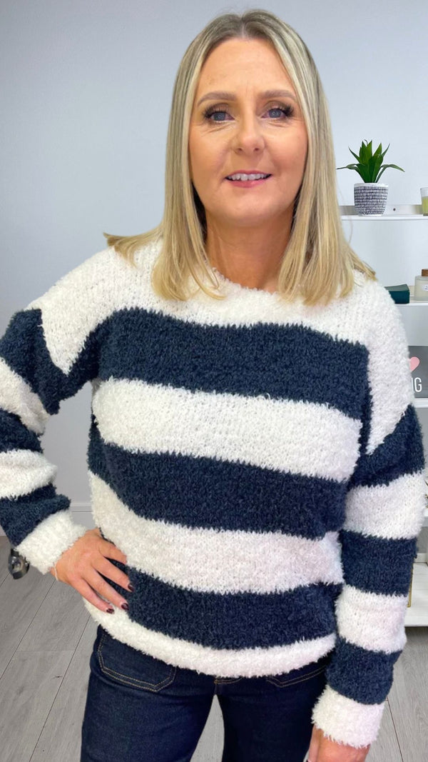Millie- Blue/Cream Stripe Fluffy Knit Jumper